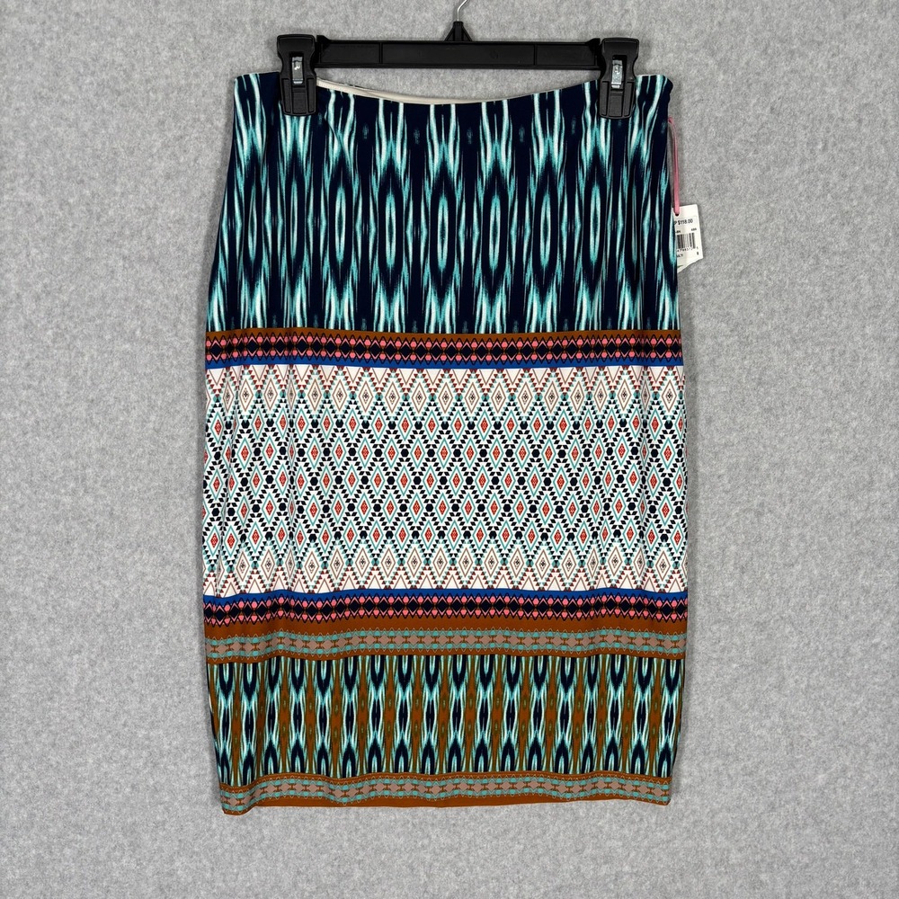 NEW $118 Kelly Diane Pencil Skirt 8 Teal Stretch‎ Western Boho Najavo Ikat Artsy